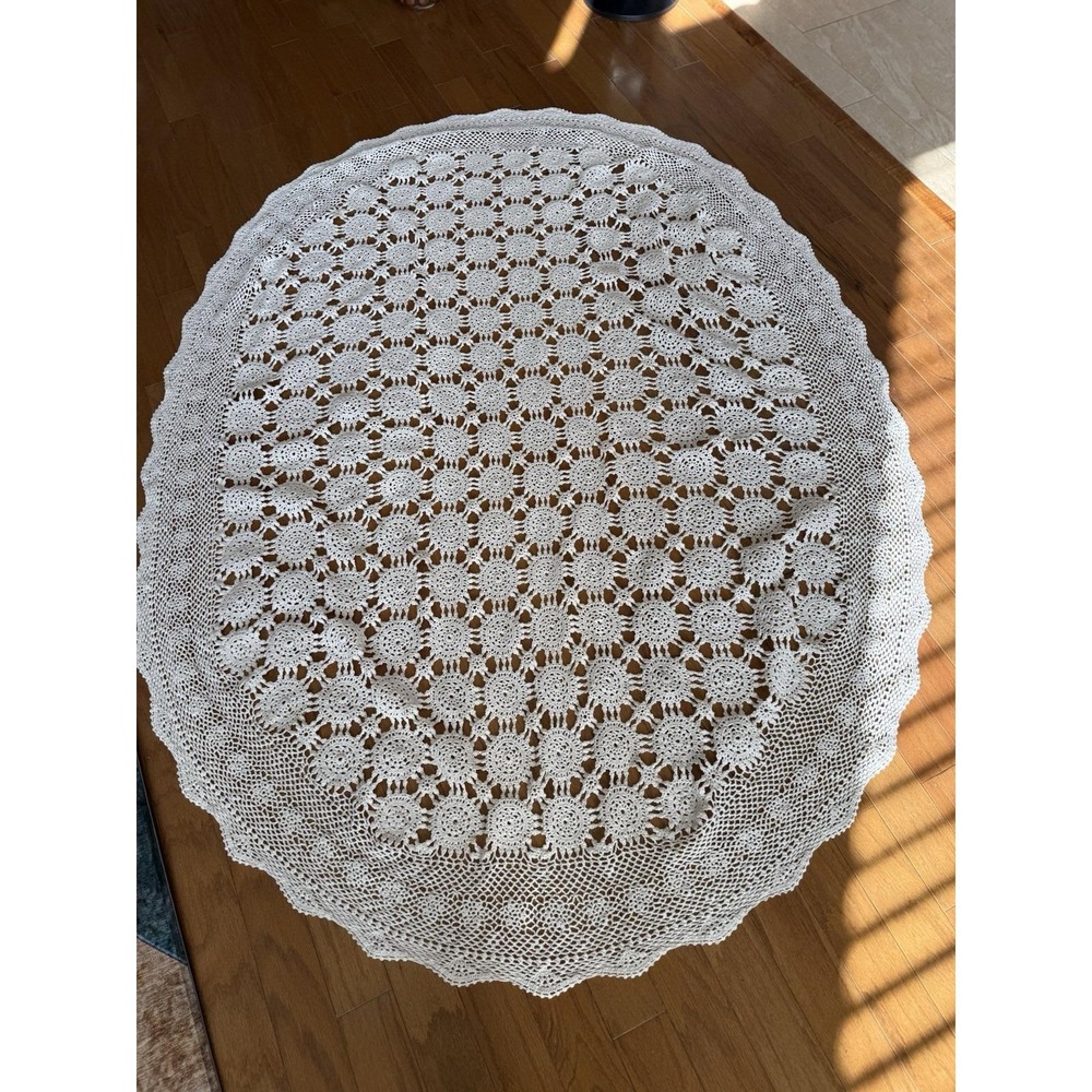 Vintage Handmade Oval Crochet White Tablecloth Soft Cotton 53"x 72" W/trim 5313